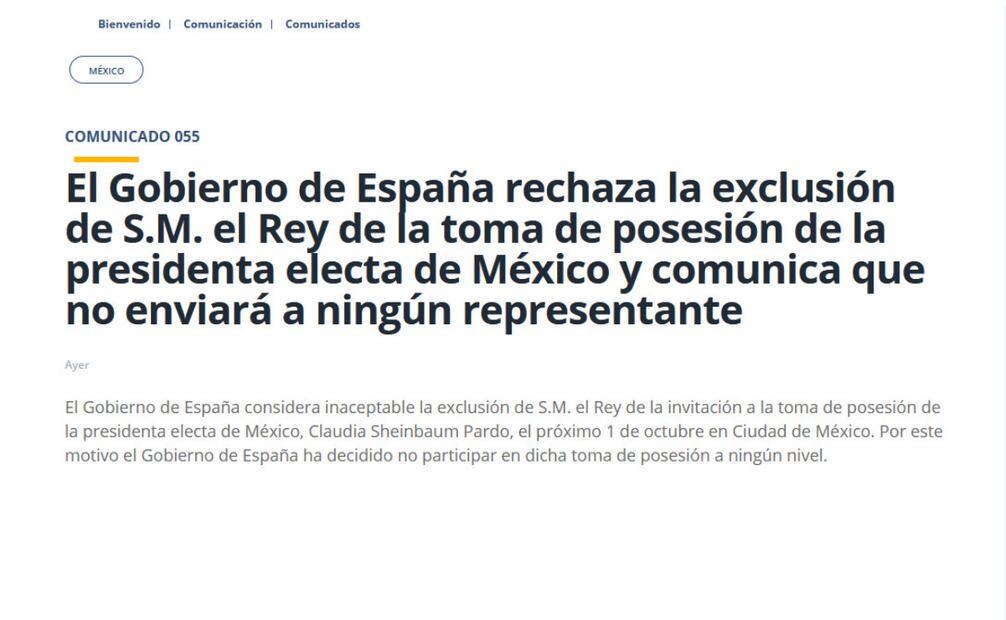 El gobierno español informó que ningún representante asistirá a la toma de posesión de Claudia Sheinbaum como presidenta de México el 1 de octubre, calificando como "inaceptable" la exclusión del Rey Felipe VI en la invitación. Foto: Captura de Pantalla