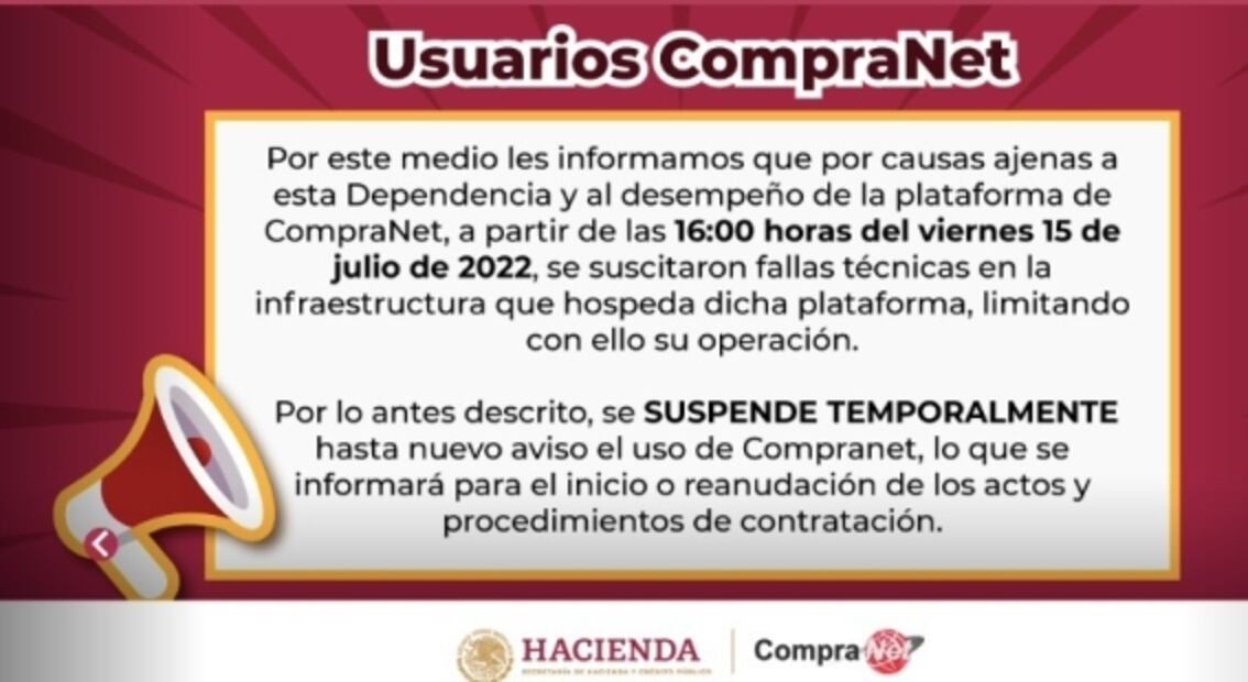 Limitan operación de CompraNet por fallas técnicas desde el 15 de julio