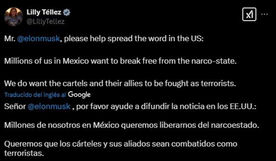 Lilly Téllez pide ayuda a Elon Musk para designar como “terroristas” a cárteles en México. Foto: Captura de pantalla