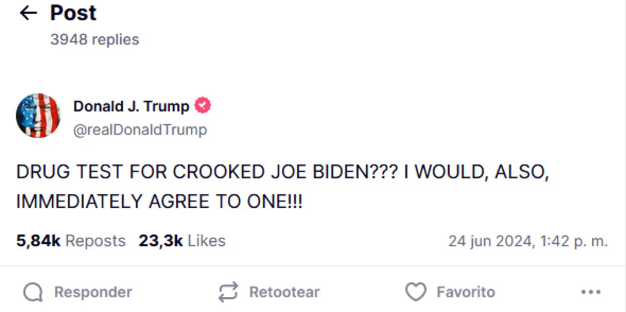 Trump, de 78 años, escribió en Truth Social después de que él y sus aliados sugirieran en repetidas ocasiones que Biden, de 81, será medicado durante el foro de Atlanta. Foto: Truth Social @realDonaldTrump