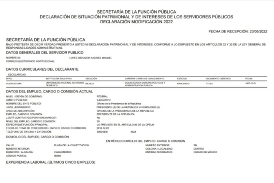 AMLO presenta su declaración patrimonial y reporta incremento de 61 mil pesos a su salario