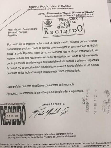 Morena rechaza 'bono secreto'; pide que no se les deposite