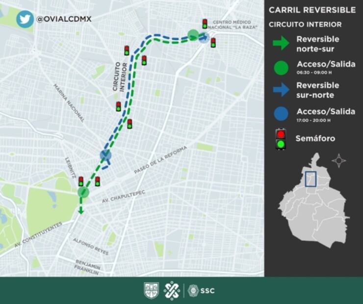 Secretaría de Seguridad amplía horario de carriles reversibles en Circuito Interior 