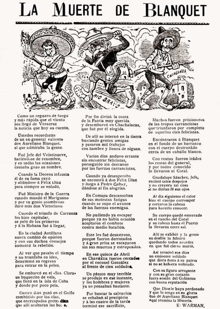 Corrido sobre el general porfirista Aureliano Blanquet. “Encontraron a Blanquet // en el fondo de un barranco // con el cuerpo destrozado // cerca de un caballo blanco”. Foto: Corridos Históricos/ESPECIAL.