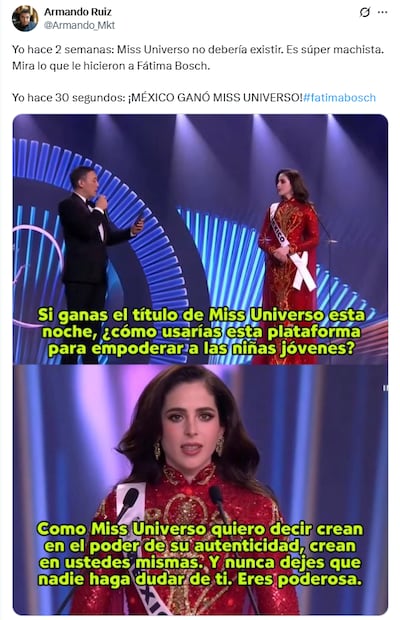 Memes de la victoria de Fátima Bosch en Miss Universo 2025. Foto: X