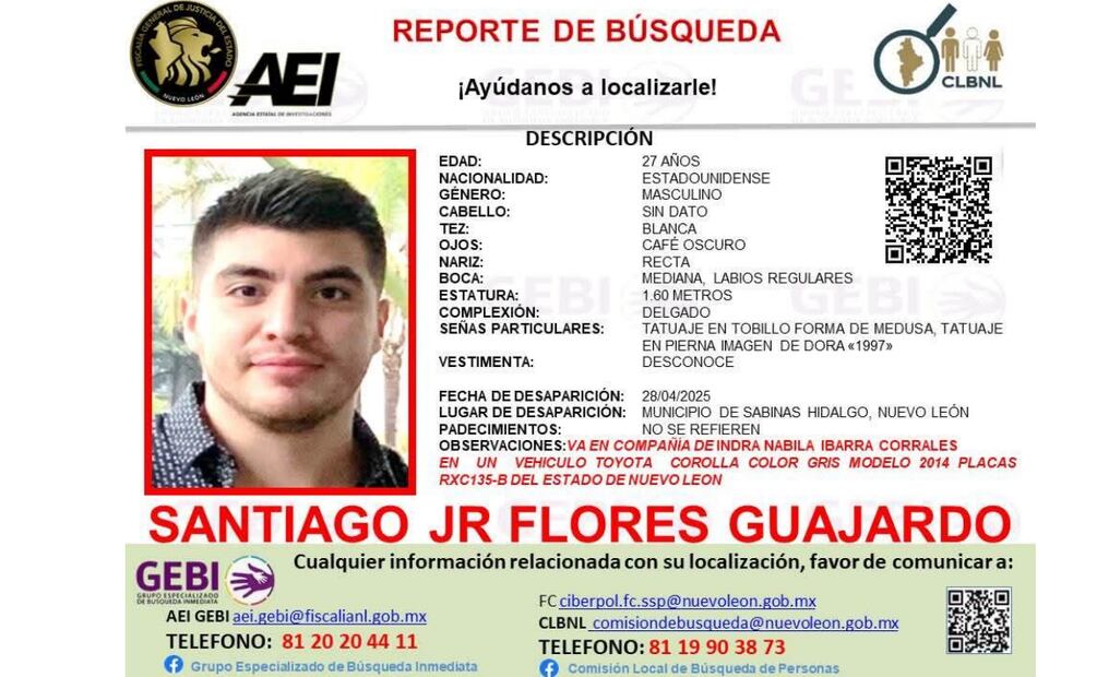Ficha de búsqueda del joven estadounidense desaparecido en Sabinas Hidalgo, Nuevo León (30/04/2025). Foto: Especial