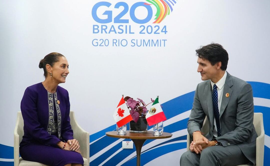 La presidenta de México, Claudia Sheinbaum, y el primer ministro de Canadá, Justin Trudeau, coincidieron este lunes en el buen resultado del tratado comercial que comparten con Estados Unidos, el T-MEC. Foto: EFE