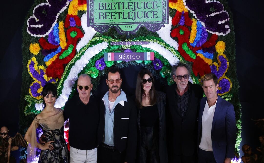 Tim Burton y elenco de "Beetlejuice": Michael Keaton, Jenna Ortega, Justin Theroux, Monica Bellucci; en el Hotel Four Seasons. Foto: Fernanda Rojas/ EL UNIVERSAL.