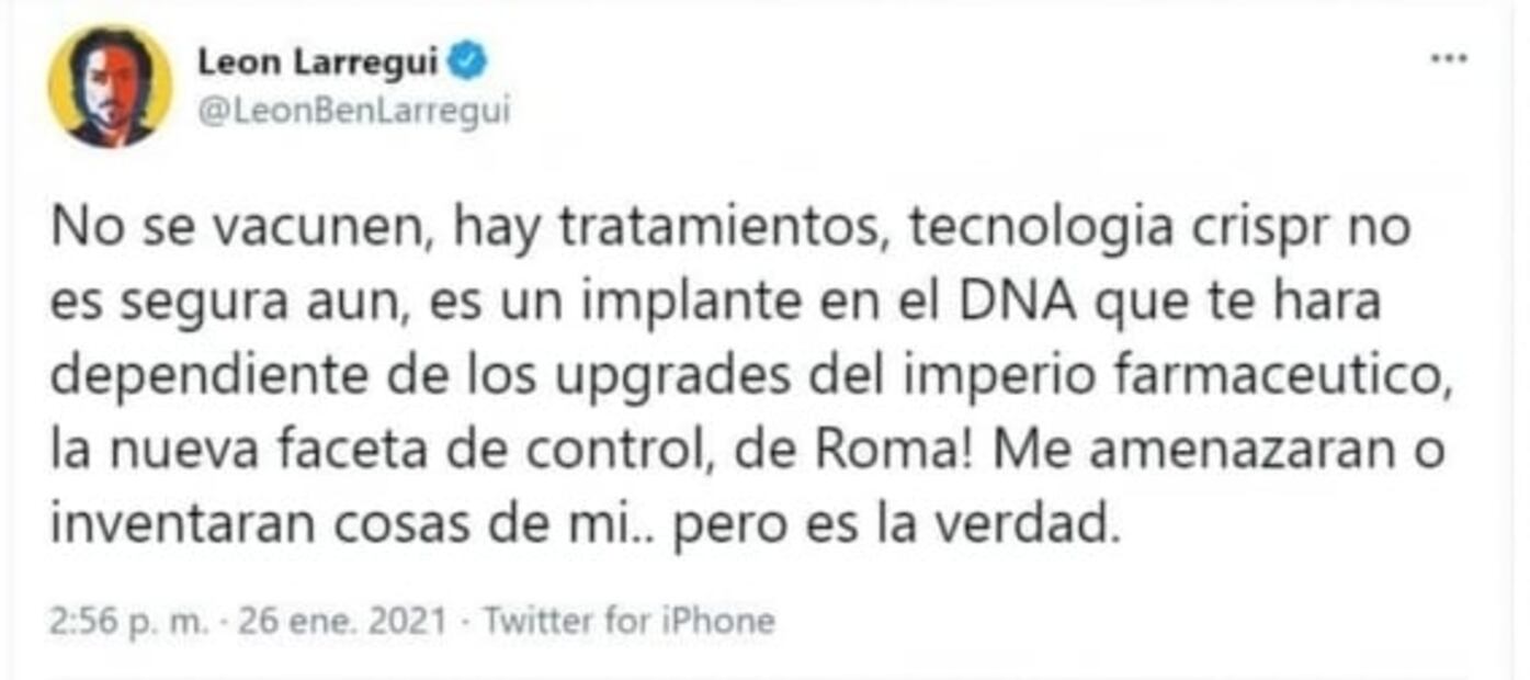 León Larregui promueve no vacunarse contra el Covid y le cierran Twitter