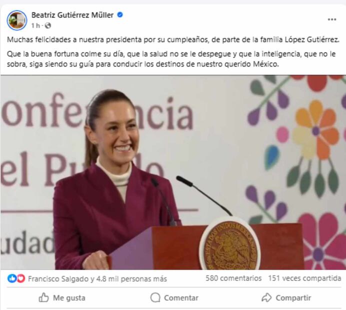 La doctora Beatriz Gutiérrez Müller felicita a la presidente Claudia Sheinbaum por su cumpleaños 63. Foto: Captura de pantalla de Facebook.