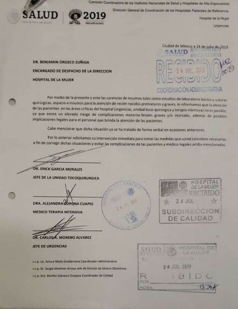 Por falta de insumos, hospital de la Mujer deja de atender urgencias y terapia intensiva