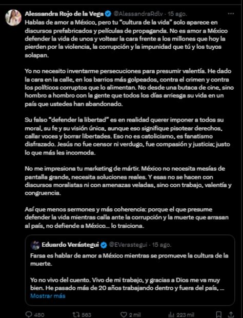 Post de Alessandra Rojo de la Vega. Foto: Captura de pantalla tomada de la cuenta de X de @AlessandraRdlv.