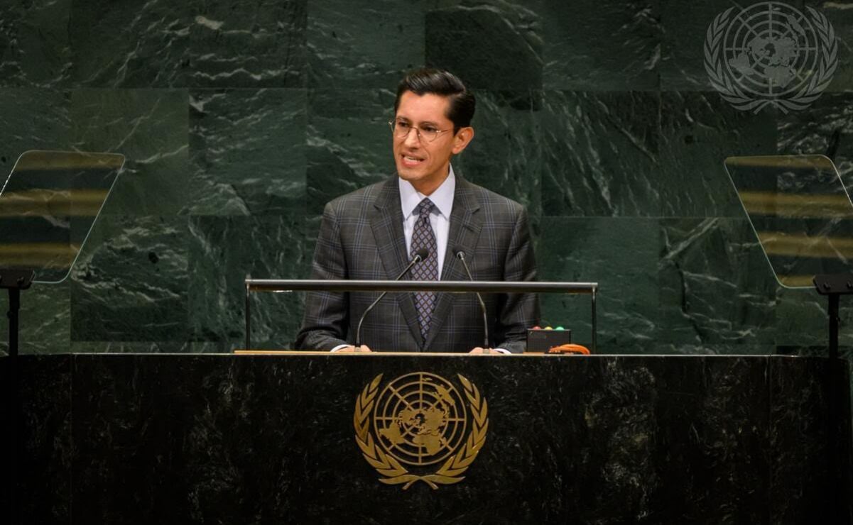El canciller Roberto Velasco durante su participación en la 81 Asamblea General de la Organización de las Naciones Unidas (ONU) el 25 de septiembre de 2026. Foto: Secretaría de Relaciones Exteriores (SRE)