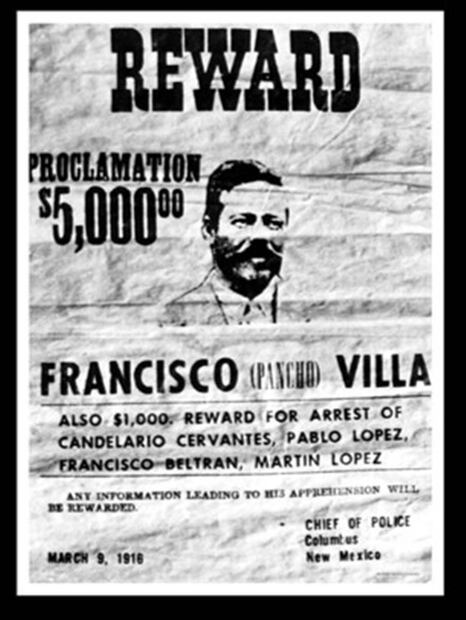 Cartel de una de las recompensas que se ofrecían por Villa, también se incluyeron a otros revolucionarios como Candelario Cervantes, Pablo López, Francisco Beltrán y Martín López. Cortesía Mario A. Trillo.