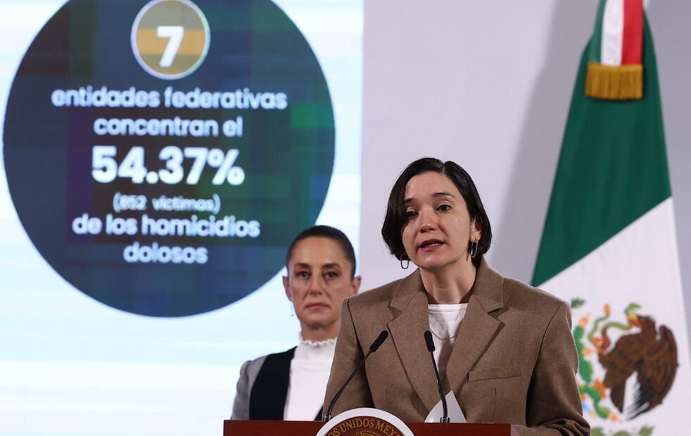 La titular del Secretariado Ejecutivo del Sistema Nacional de Seguridad Pública (SESNSP), Marcela Figueroa, informó que, con datos preliminares al 24 de febrero, de septiembre del 2024 a febrero del 2025 se reporta que hay una reducción del 24.9% en víctimas de homicidios dolosos. Foto: Berenice Fregoso/EL UNIVERSAL