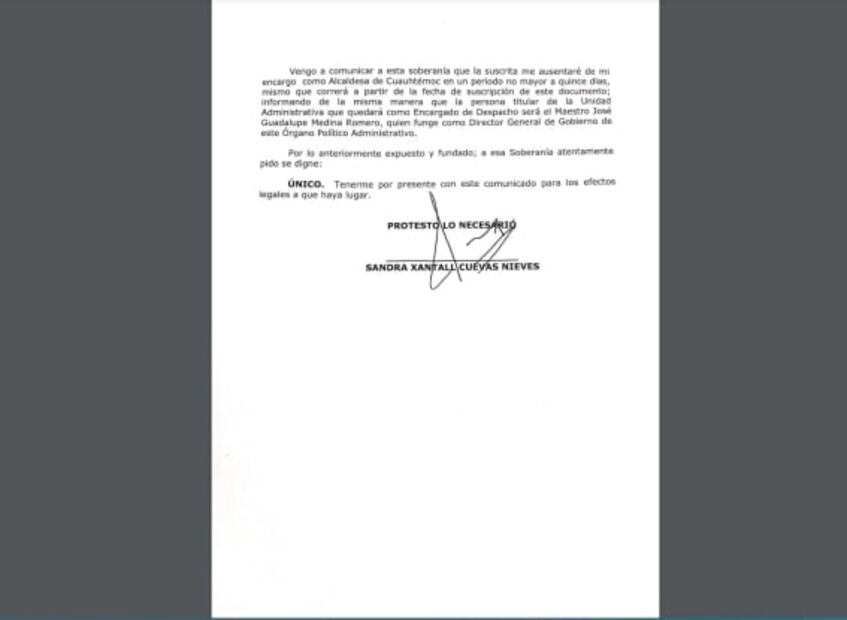 Sandra Cuevas pide licencia por 15 días, pese a estar suspendida como alcaldesa de Cuauhtémoc