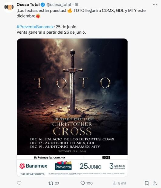 TOTO confirma su regreso a México en 2025 Foto: @ocesa