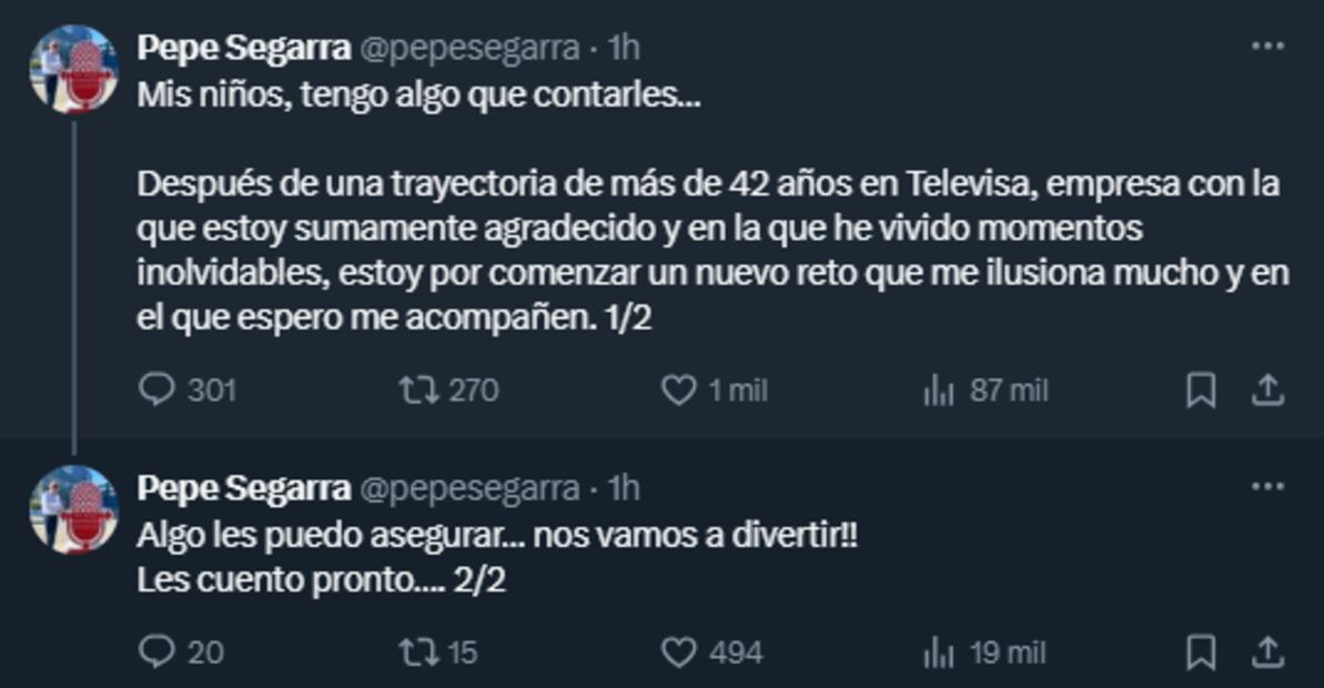 La publicación de Pepe Segarra causó especulaciones sobre una posible salida de Televisa - Foto: Captura de pantalla