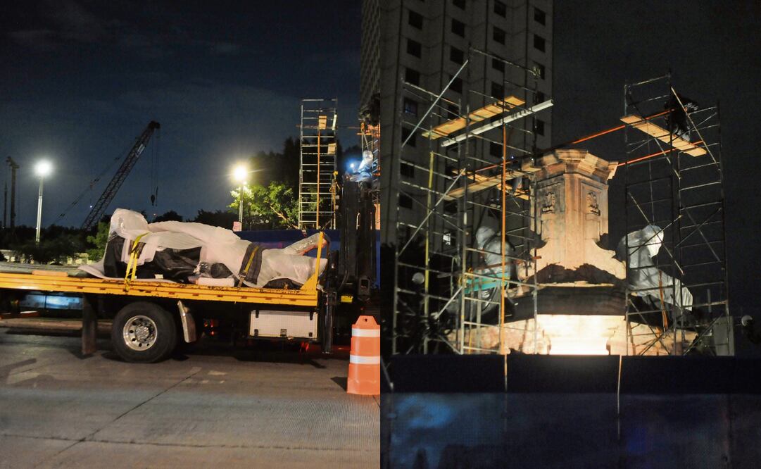 Así fue la retirada de la estatua de Cristóbal Colón de Paseo de la Reforma, en octubre de 2020, con el fin de darle mantenimiento, según las autoridades. Fotos: Archivo EL UNIVERSAL
