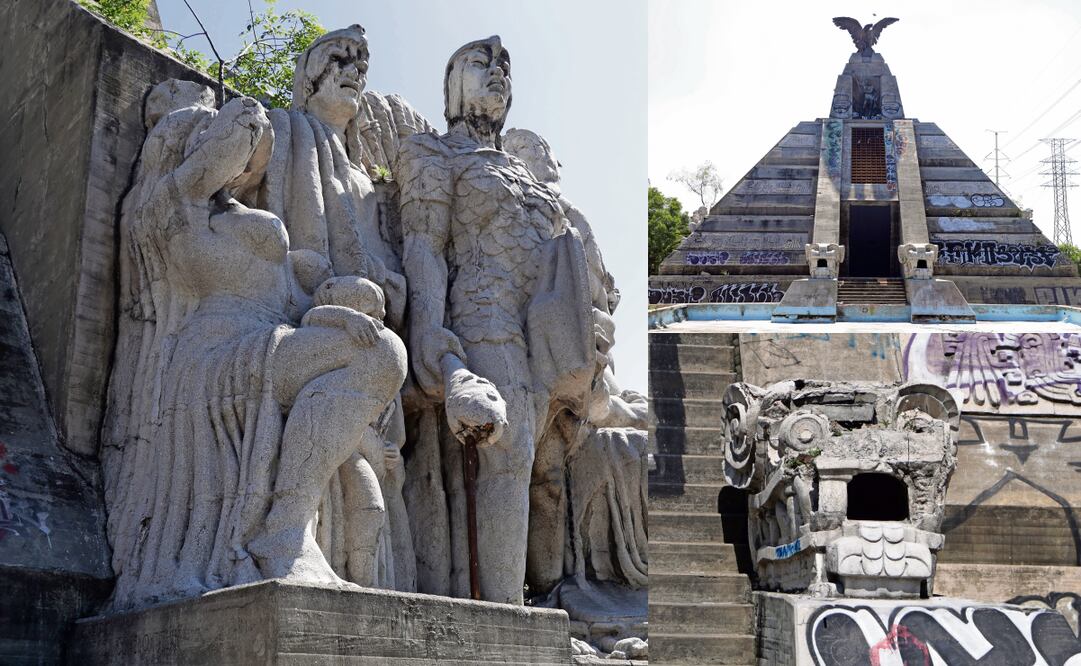 Pese a que el Gobierno capitalino inició trabajos de limpieza y reparación, el Monumento a la Raza sigue mostrando el deterioro por años de abandono. Foto: Carlos Mejía / EL UNIVERSAL