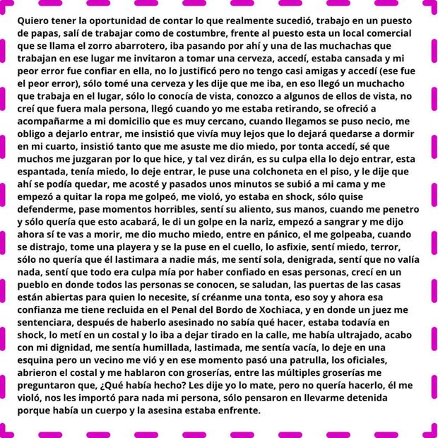 Roxana Ruiz manda carta desde la cárcel. Foto: Nos Queremos Vivas Neza