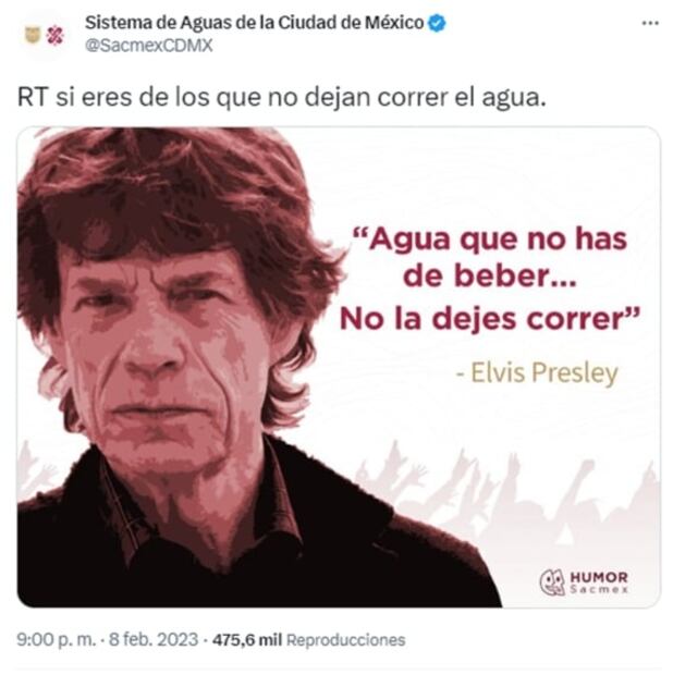 Sacmex bromea con imagen de Mick Jagger y supuesta frase de Elvis Presley; la tunden en redes