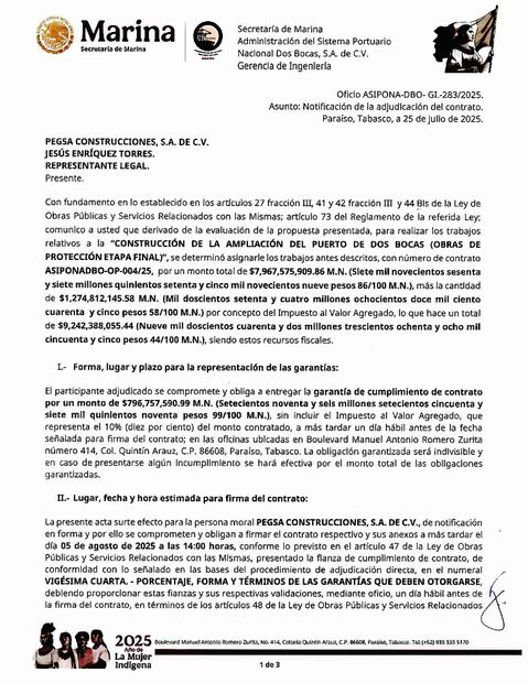 La Secretaría de Marina justificó la adjudicación directa señalando que la infraestructura se necesita “a la inmediatez posible”, y si lo hubiera hecho por licitación pública “el tiempo estimado desde el inicio hasta la formalización del contrato de la licitación asciende a 60-90 días como mínimo”.