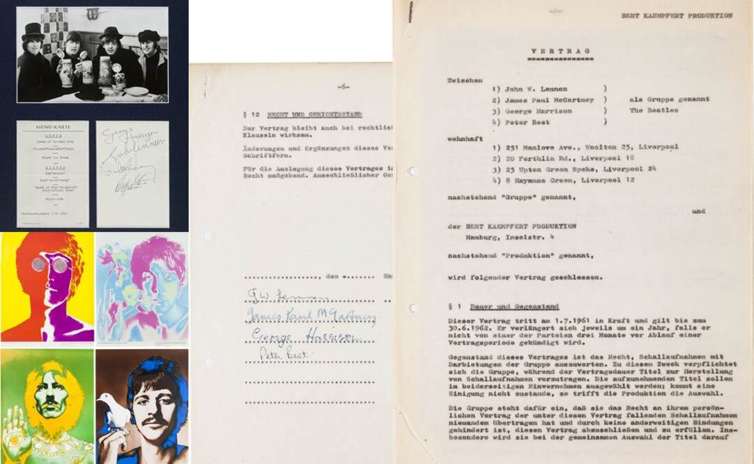 La subasta también contiene un menú de un restaurant suizo firmado por los Beatles, una colección de cuatro posters psicodélicos, y el mencionado primer contrato de grabación. FOTOS:AP