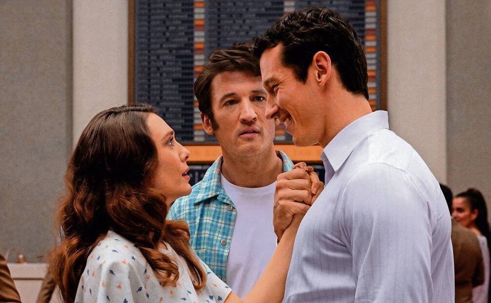 Elizabeth Olsen (Joan), Miles Teller (Larry), y Callum Turner (Luke), el trío amoroso. Foto: A24