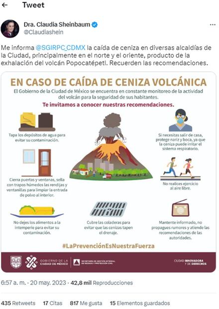 Claudia Sheinbaum hace recomendaciones ante caída de ceniza del Popocatépetl. Foto: Twitter