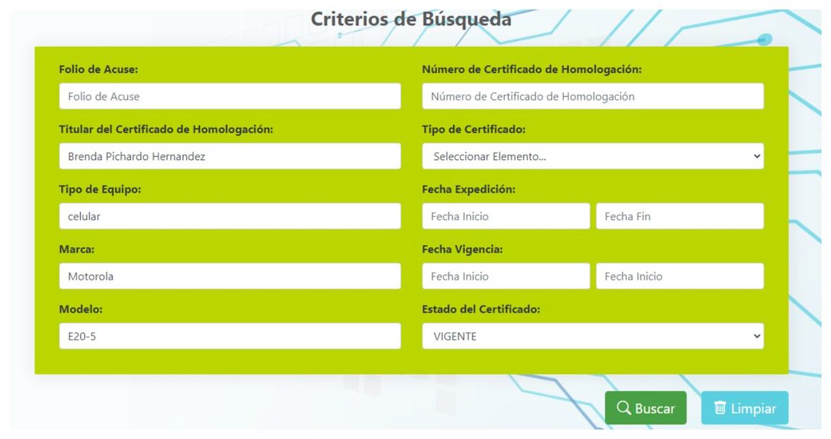 Formulario de equipos homologados. Imagen: https://ehomologados.ift.org.mx/