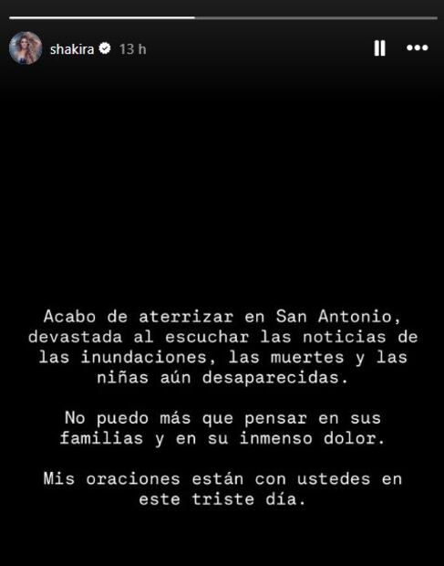 Mensaje de Shakira en redes sociales.