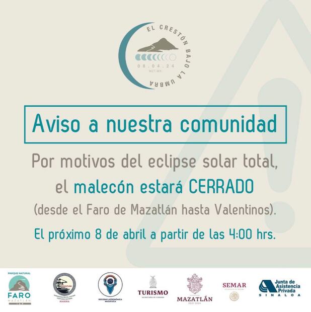 El Parque Natural Faro
Mazatlán indicó que permanecerá cerrado el malecón por eclipse. Foto: Instagram @faromazatlanoficial