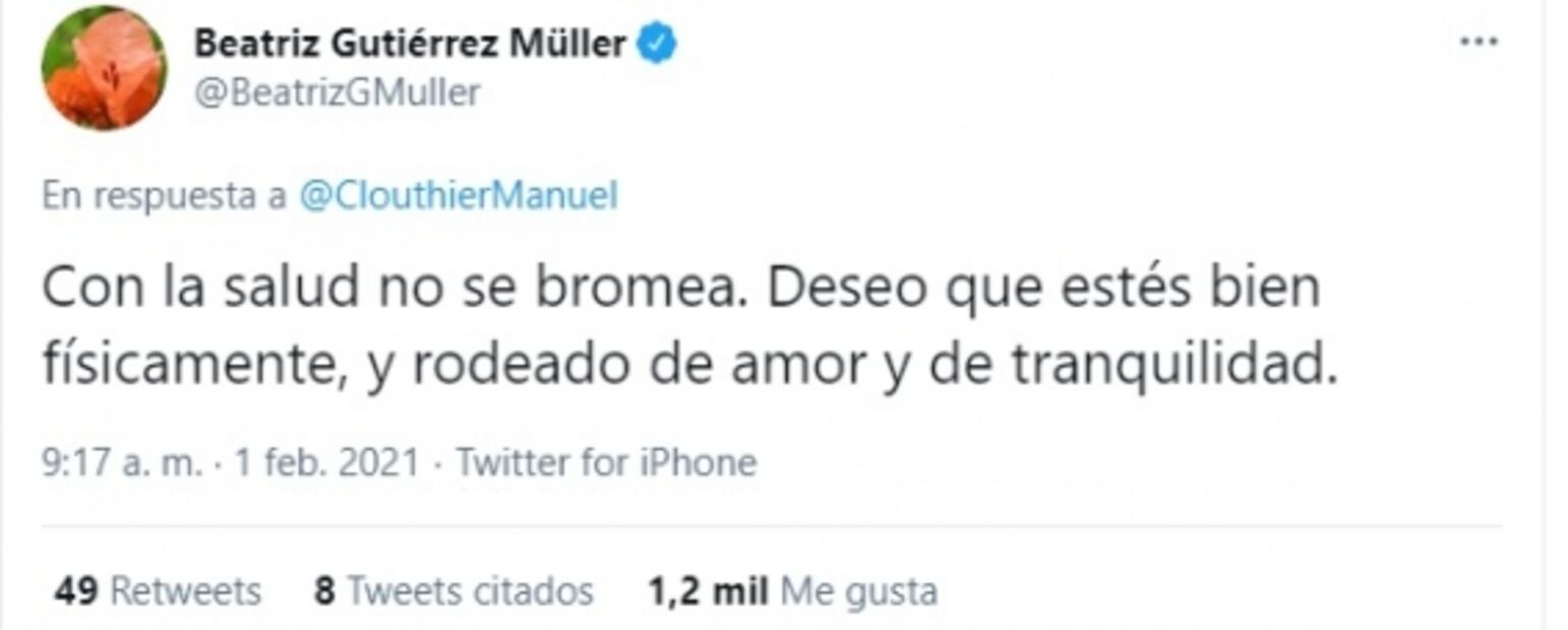 “Con la salud no se juega”, contesta Beatriz Gutiérrez Müller a comentario de Manuel Clouthier sobre enfermedad de AMLO