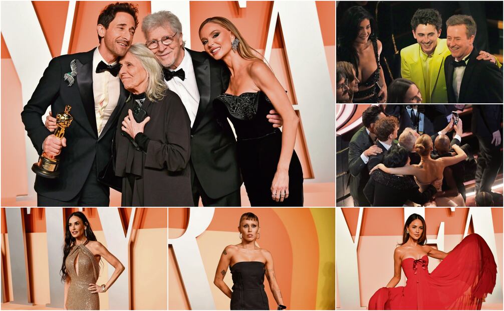 Adrien Brody con su papá Elliot. 
Timothée Chalamet con Edward Norton.
El elenco de Wicked con la selfie del recuerdo.
Demi Moore no ganó pero festejó.
Miley Cyrus, en la gala de Vanity Fair. 
Eiza González, en la fiesta de Vanity Fair.
Fotos: AP y AFP