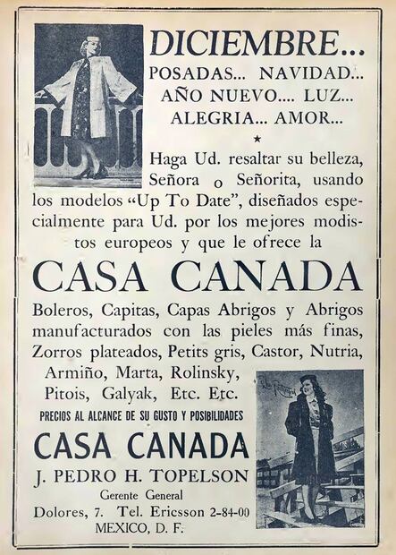 Entre época de fiestas y la llegada del invierno, pocos dirían que regalar un abrigo es mala idea. Aún así, la Casa Canadá aplicaba el ingenio y le sugería a las damas lucirse en las reuniones y eventos sociales con abrigos que en aquel entonces eran la sensación: pieles de zorro plateado, de castor, de nutria o de marta confeccionados a la moda de Europa. Hemeroteca EL UNIVERSAL.