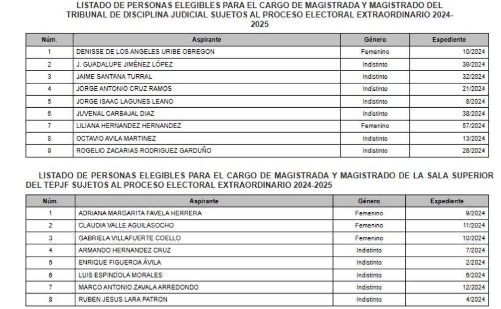Lista de aspirantes para presidir cargos judiciales