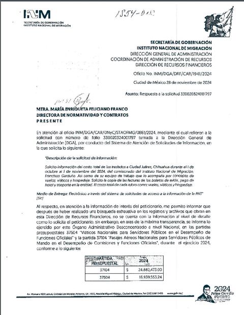 Dependencias compartieron parte de los viáticos para Francisco Garduño y su equipo de trabajo, así como la petición sobre la absolución alterna, cuya audiencia se llevará a cabo el 6 de marzo en Ciudad Juárez.