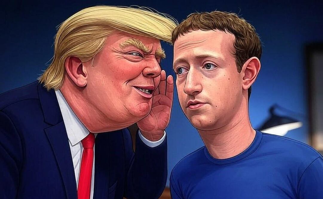 Imagen generada con inteligencia artificial de Grok en X, que muestra Donald Trump dictando qué hacer a Mark Zuckerberg