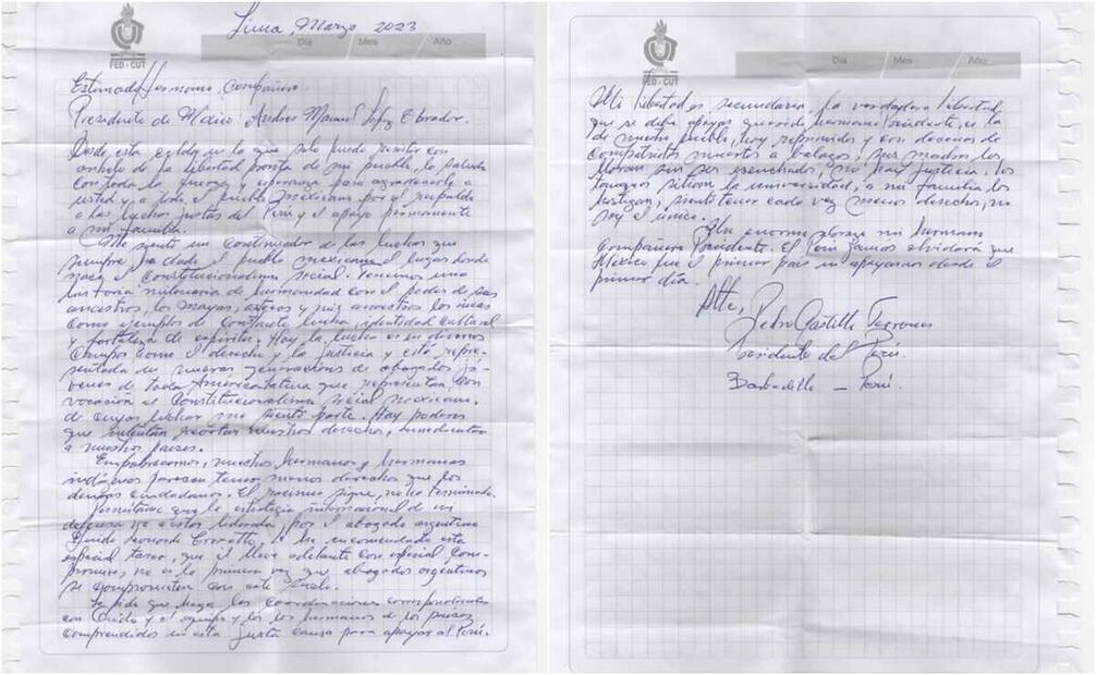 Carta de Pedro Castillo a AMLO desde la prisión tras su destitución. Foto: EL UNIVERSAL