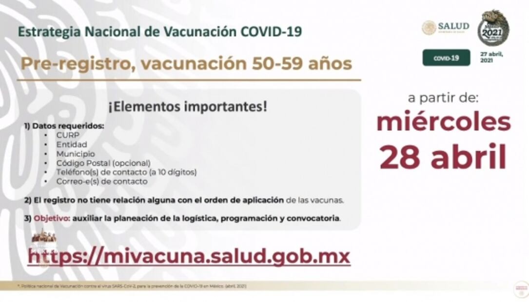 Vacunación para personas de 50 a 59 años inicia primera semana de mayo; mañana comienza registro