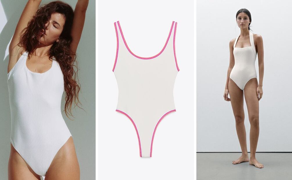 Trajes de baños completos en color blanco: H&M, Zara y Massimo Dutti. Foto: Especial