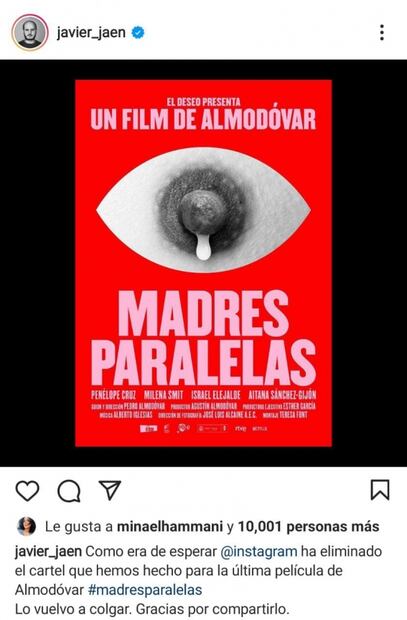 Instagram se disculpa con Almodóvar por retirar cartel que muestra un pezón de mujer