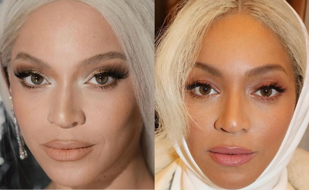 En la imagen se ve a Beyonce con el look que utilizó en la alfombra roja de Renaissance World Tour, en la que tiene unos aretes color plateado y la comparación con el look blanco que utilizó horas después de la polémica. Foto: Instagram oficial de la famosa.