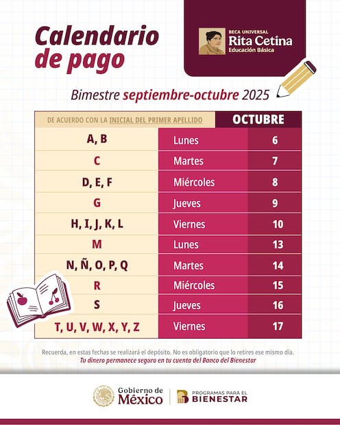Este es el calendario oficial de pagos de la Beca Rita Cetina correspondiente al bimestre septiembre-octubre. Foto: X @apoyosbienestar