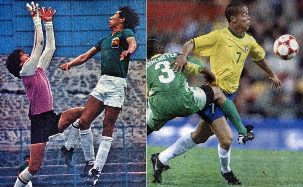 Ya en los años 80 (izq.), un partido entre los Tigres del Universitario de Nuevo León y el Deportivo Llanes, en la 1 Copa México IMSS, muestra detalles nuevos, como los guantes en piel teñida del portero, shorts más ajustados y claro, colores más vivos. A la derecha, el encuentro de Sudáfrica contra Brasil en los olímpicos de Sydney 2000, donde los sudafricanos dejaron fuera a un equipo que contaba con un joven Ronaldinho (amarillo). Tanto el brasileño como su rival Kannemeyer (verde) lucen ropa más holgada, espinilleras bajo las calcetas y tacos mucho más modernos. Archivo EL UNIVERSAL.