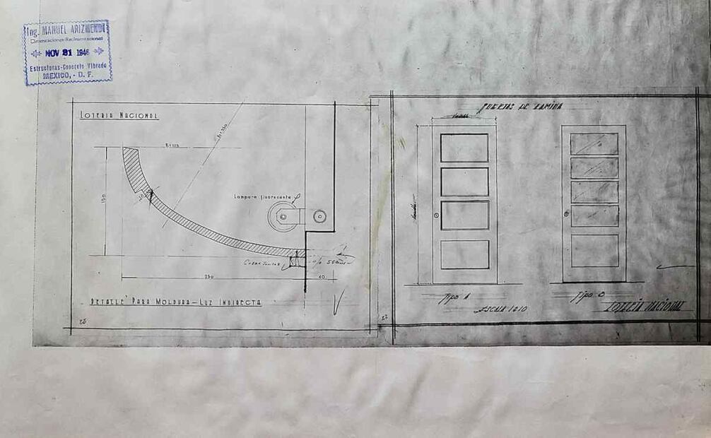 EL UNIVERSAL tuvo acceso a la reproducción de los planos originales del Edificio El Moro de la Lotería Nacional.  En la imagen, se observa el diseño de algunas de las puertas del edificio. (Foto: Berenice Fregoso/EL UNIVERSAL)