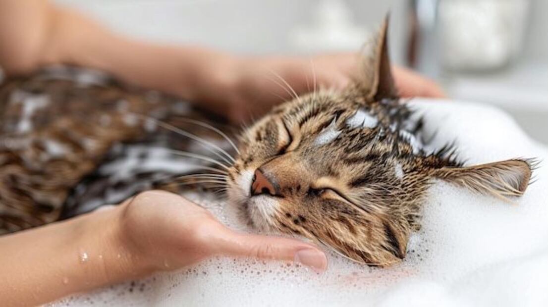 Bañar a un gato sin vacunar. Fuente: Freepik.