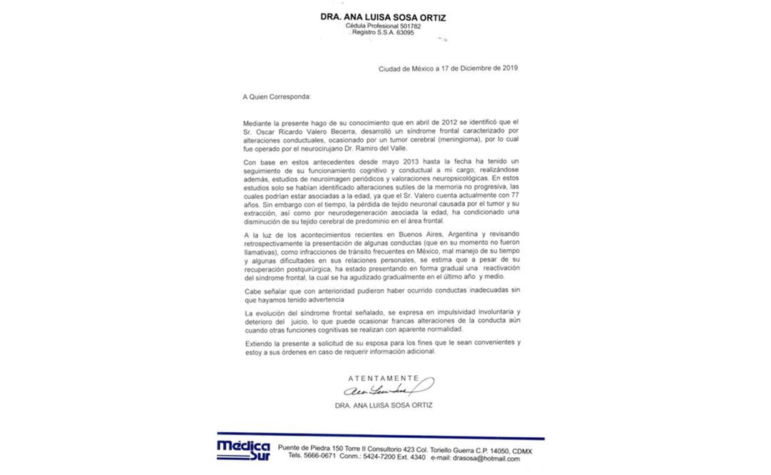 Carta de diagnóstico médico del exembajador de México en Argentina, Ricardo Valero / Foto: Especial