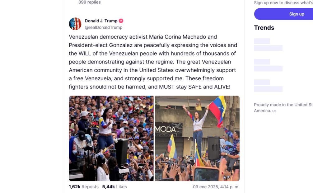 Trump habla por primera vez sobre la situación en Venezuela y da su apoya a la oposición dirigida por María Corina Machado. También reconoció como presidente a Edmundo González. (09/01/25) Foto: Captura de pantalla